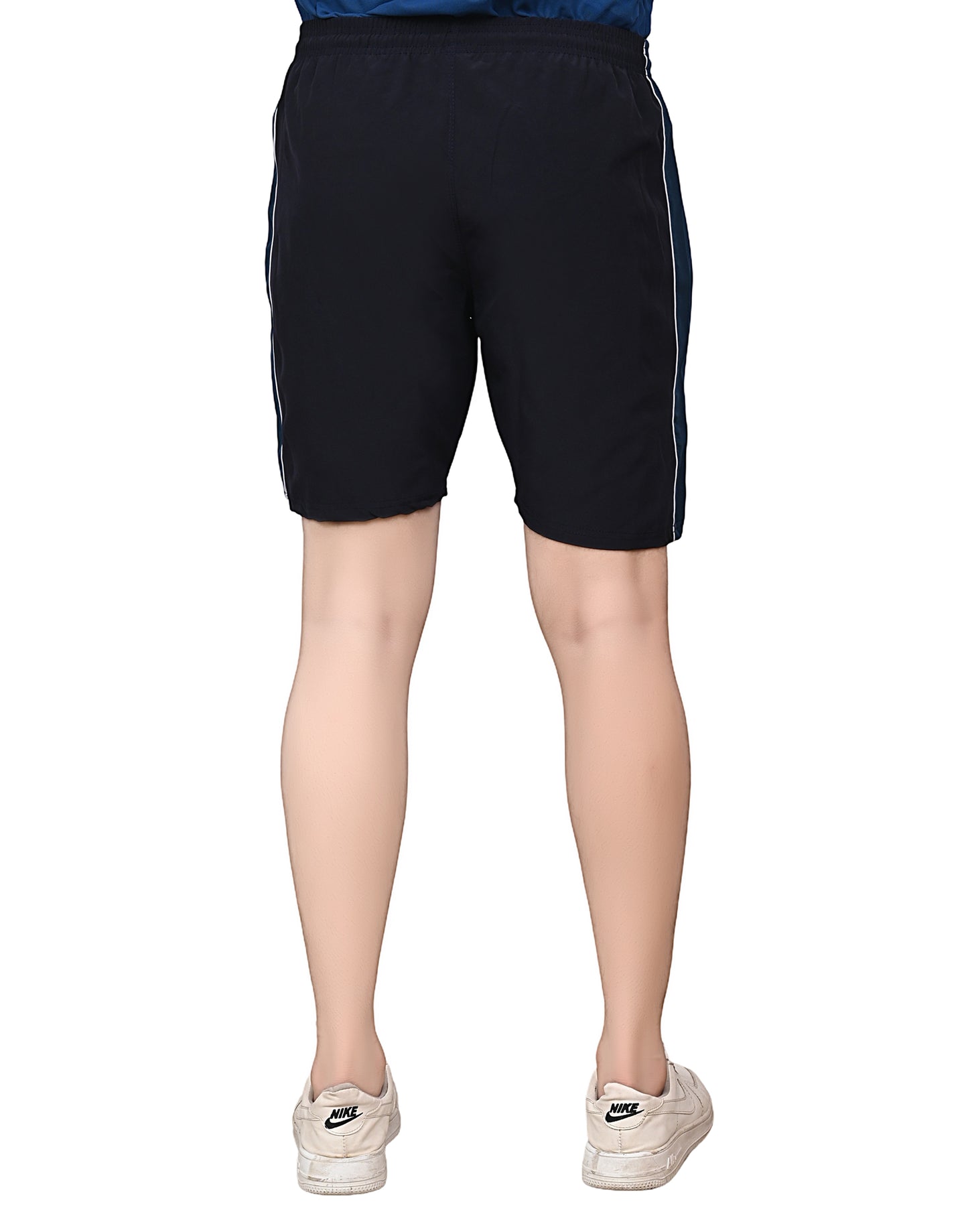 Men's Sports Shorts – Black with Dark Blue Side Panel – Lightweight Activewear with Pockets