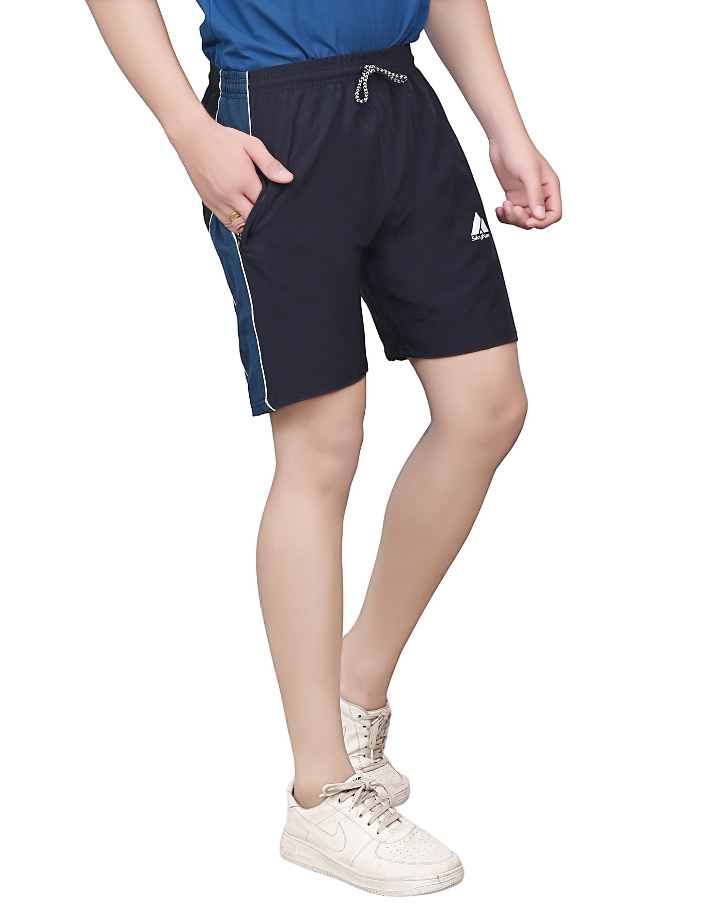 Men's Sports Shorts – Black with Dark Blue Side Panel – Lightweight Activewear with Pockets