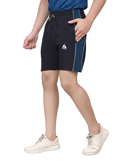 Men's Sports Shorts – Black with Dark Blue Side Panel – Lightweight Activewear with Pockets