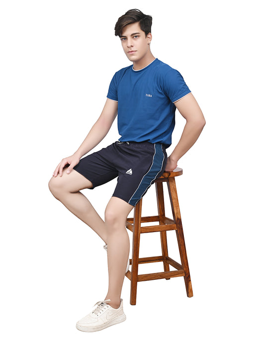 Men's Sports Shorts – Navy Blue with Dark Blue Side Panel – Comfortable Activewear with Pockets