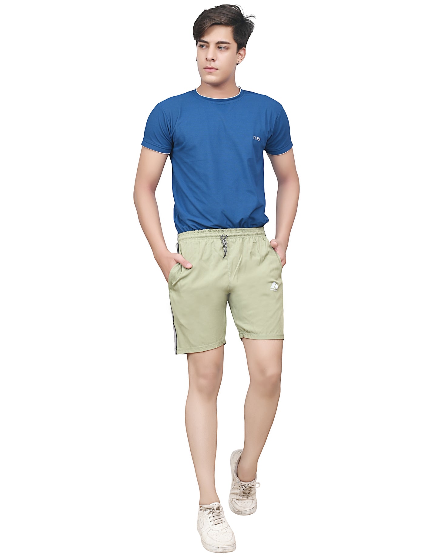 Men's Sports Shorts – Olive Green with Light Grey  Panel – Lightweight Activewear with Pockets