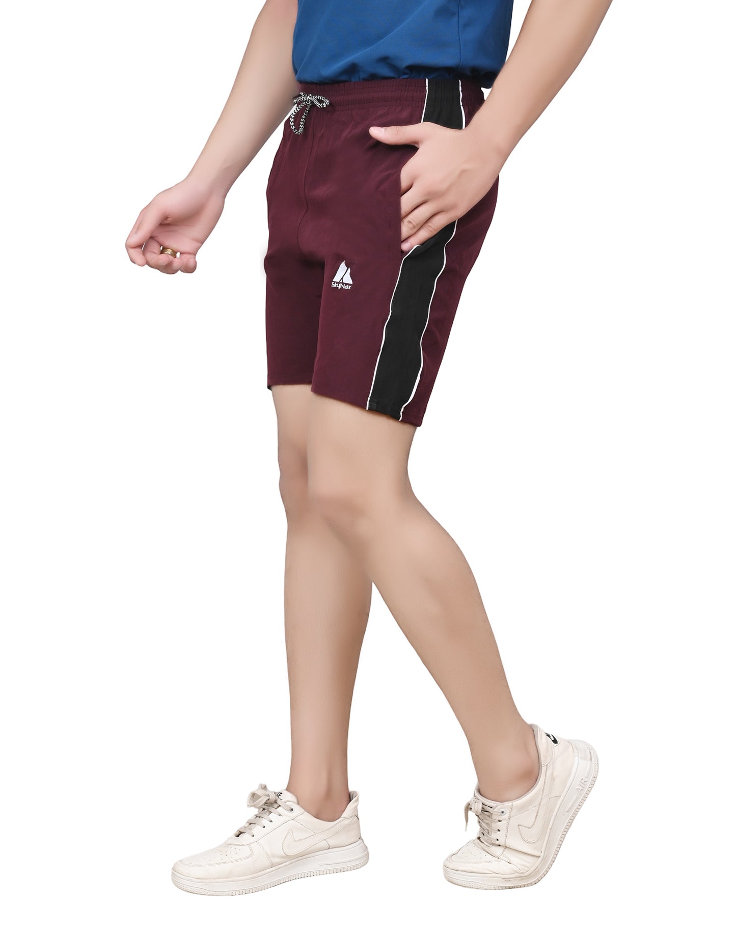 Men's Sports Shorts –Maroon with Black Side Panel – Lightweight Activewear with Pockets