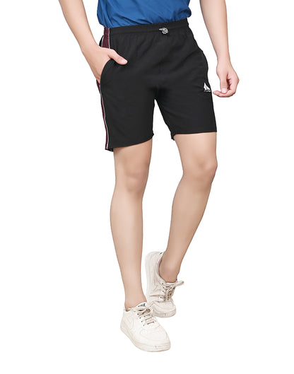 Men's Sports Shorts – Black with Maroon Side Panel – Lightweight Activewear with Pockets