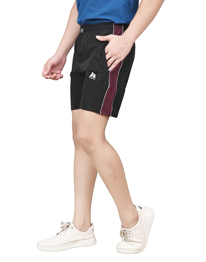 Men's Sports Shorts – Black with Maroon Side Panel – Lightweight Activewear with Pockets