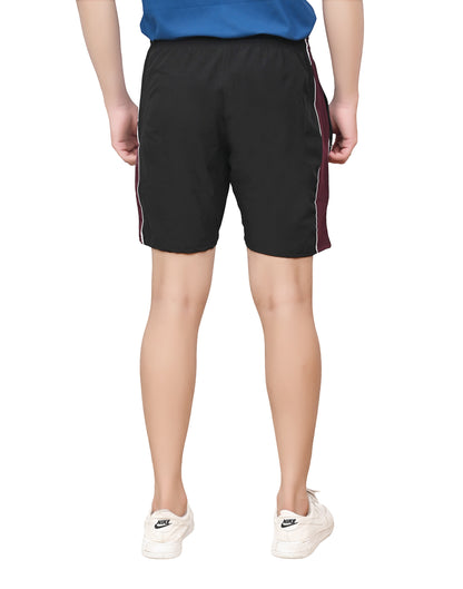 Men's Sports Shorts – Black with Maroon Side Panel – Lightweight Activewear with Pockets