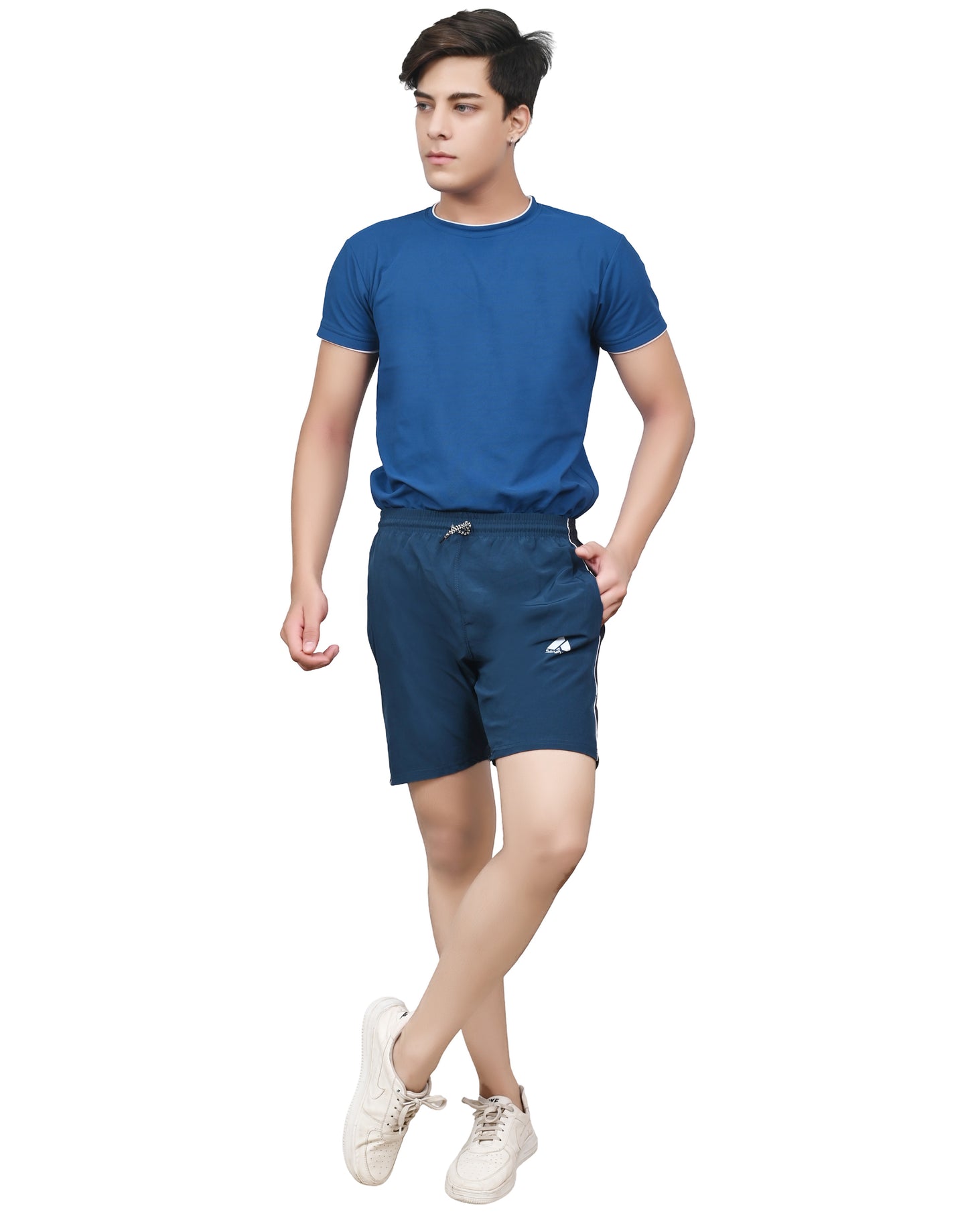 Men's Sports Shorts – Dark Blue with Black  Side Panel – Lightweight Activewear with Pockets