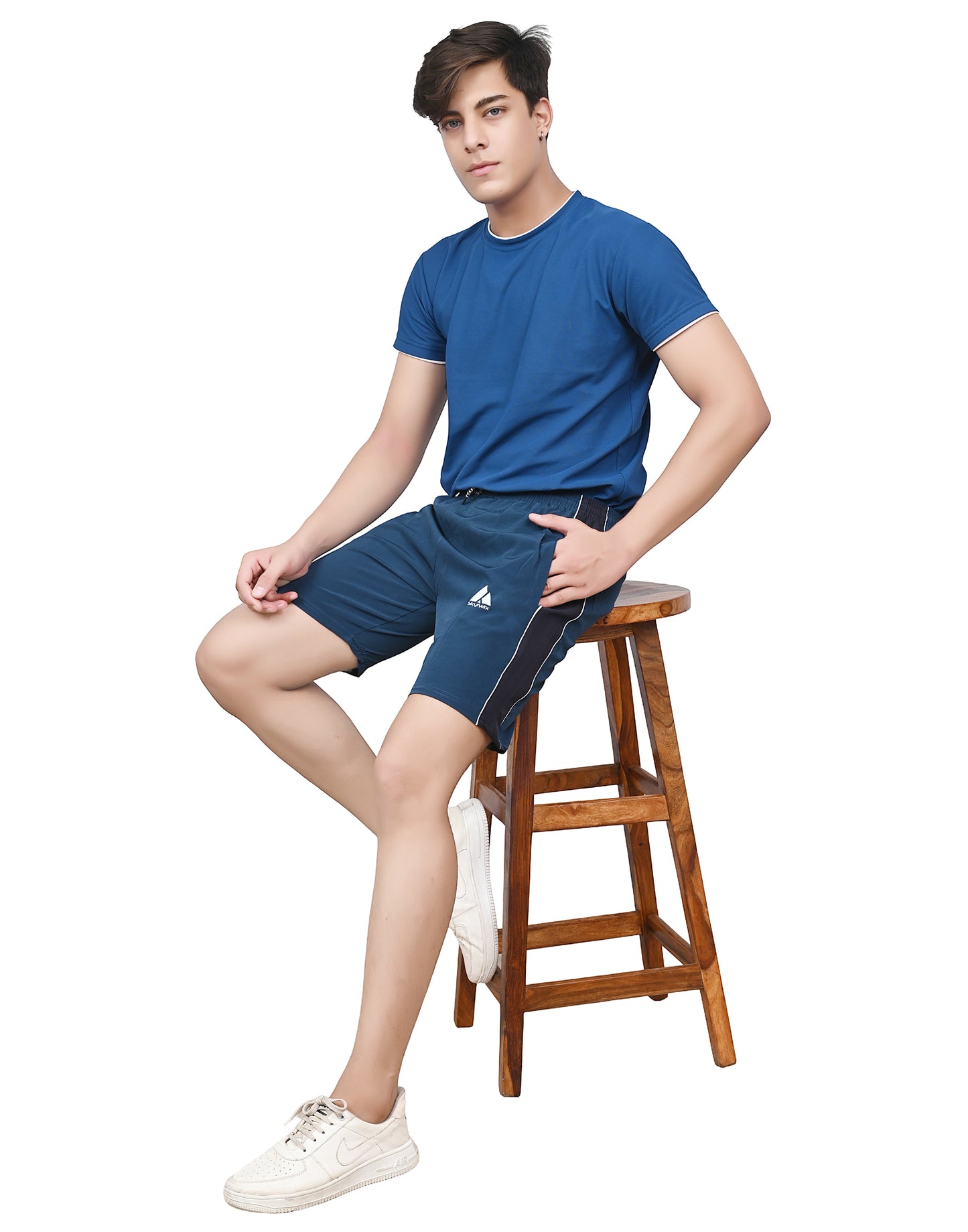 Men's Sports Shorts – Dark Blue with Black  Side Panel – Lightweight Activewear with Pockets