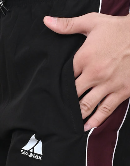 Men's Sports Shorts – Black with Maroon Side Panel – Lightweight Activewear with Pockets